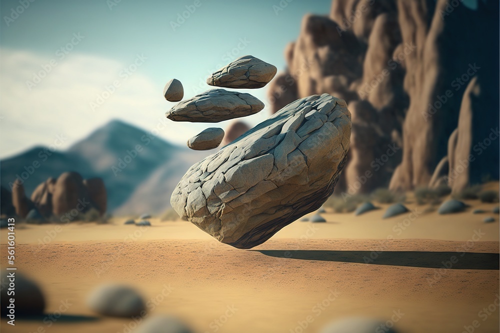 Poster a rock formation with rocks falling off of it in the desert with mountains in the background and a b