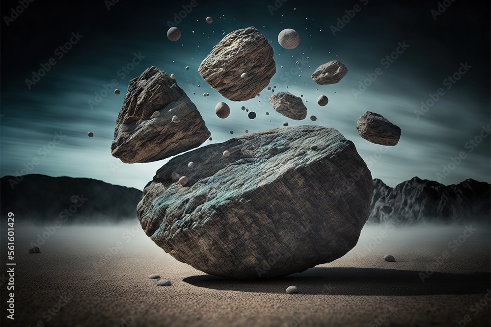 Poster a rock with a bunch of rocks falling off of it in the air and some rocks in the air with a few rocks