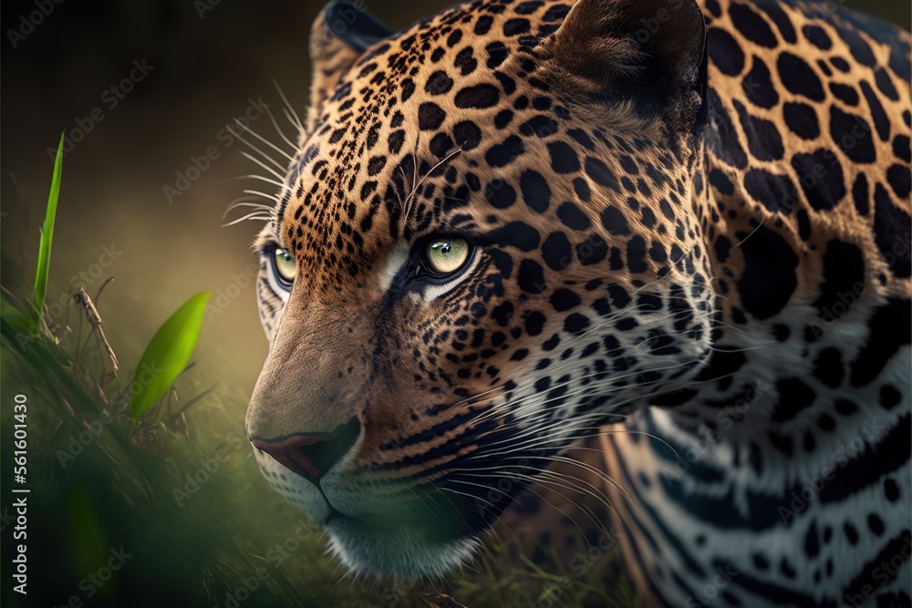Poster a close up of a leopard with a green background and grass in the foreground, with a blurry backgroun