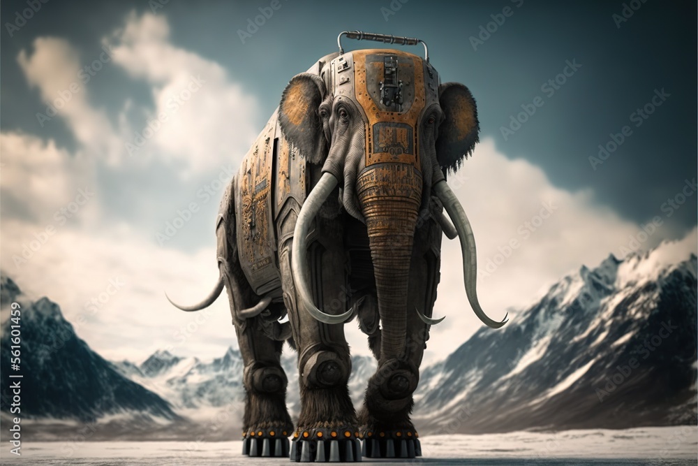 Poster an elephant with a large trunk and tusks standing in front of a mountain range with snow capped moun