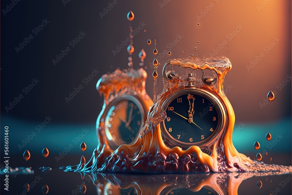 Poster a clock is sitting on a table with water splashing around it and a blue background behind it is a bl