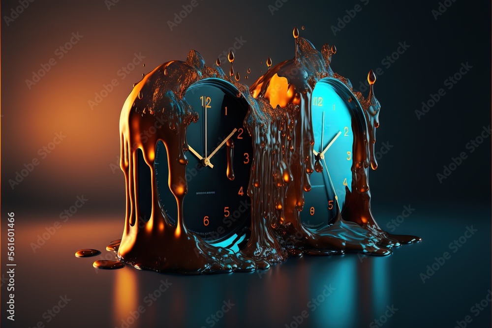 Poster a clock that is melting in the water with a splash of liquid on it's sides and a clock on the other 