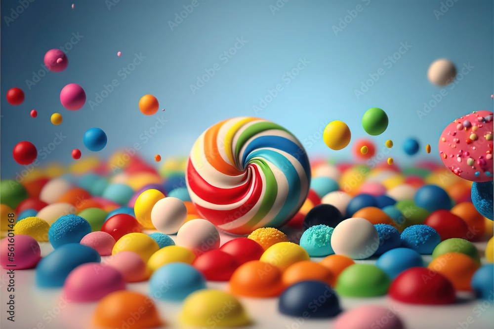 Poster a colorful candy ball surrounded by balls of different colors and sizes on a blue background with a 