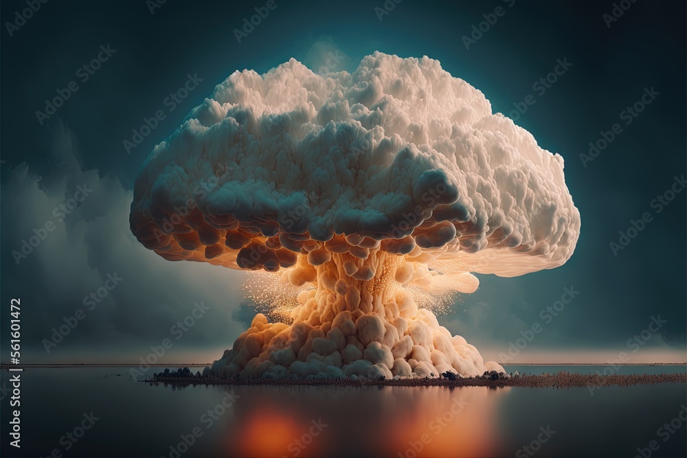 Poster a large mushroom like object is in the air with a lot of smoke coming out of it's top and bottom of 