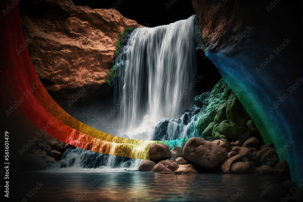 Poster a waterfall with a rainbow stream and rocks in the foreground and a rainbow stream running through i