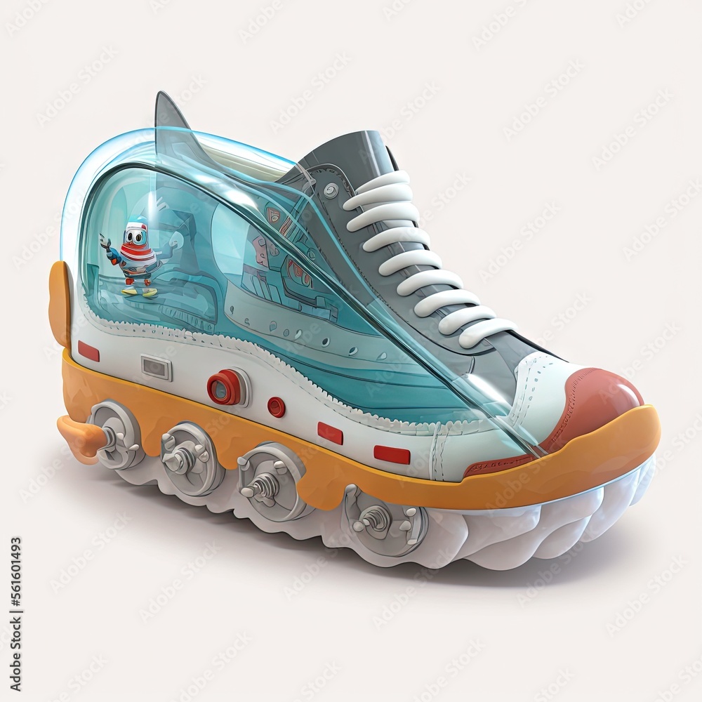 Poster a shoe with a cartoon character on the side of it and wheels on the bottom of it, with a rubber sole