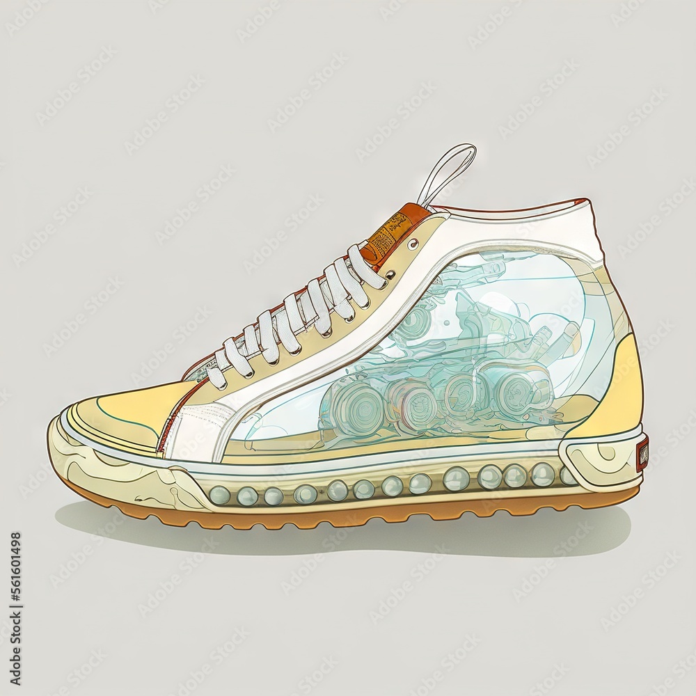 Poster a shoe with a picture of a car inside of it on a gray background with a shadow of a shoe on the bott