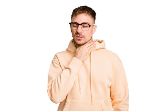 Young caucasian man cut out isolated touching back of head, thinking and making a choice.