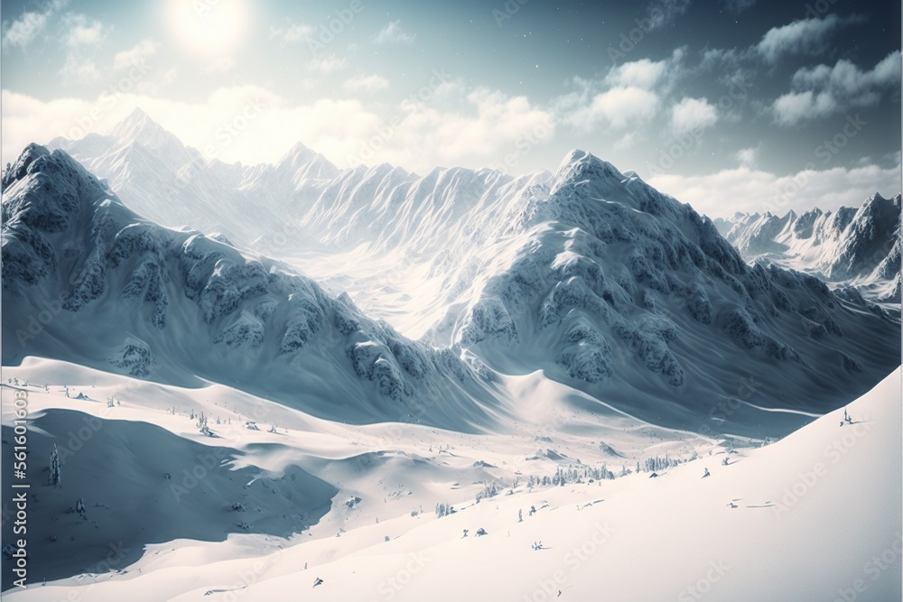Poster a mountain range covered in snow under a cloudy sky with a sun in the distance and a few clouds in t