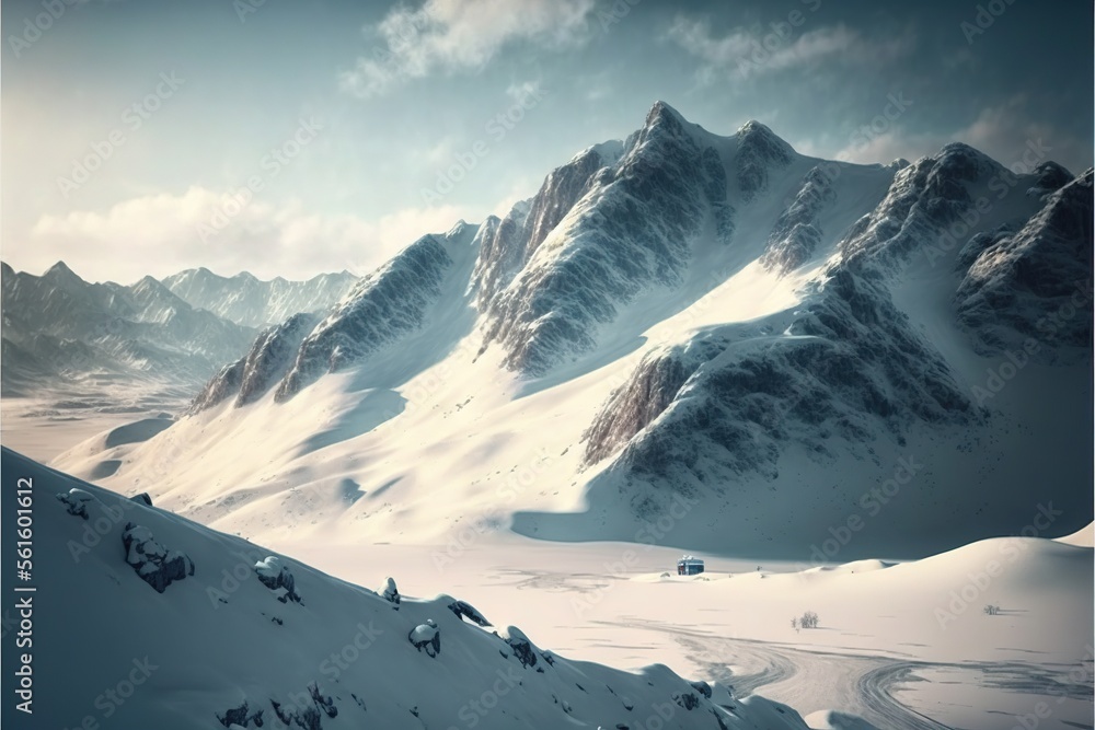 Poster a mountain range covered in snow with a car driving on it's side and a sky background with clouds an