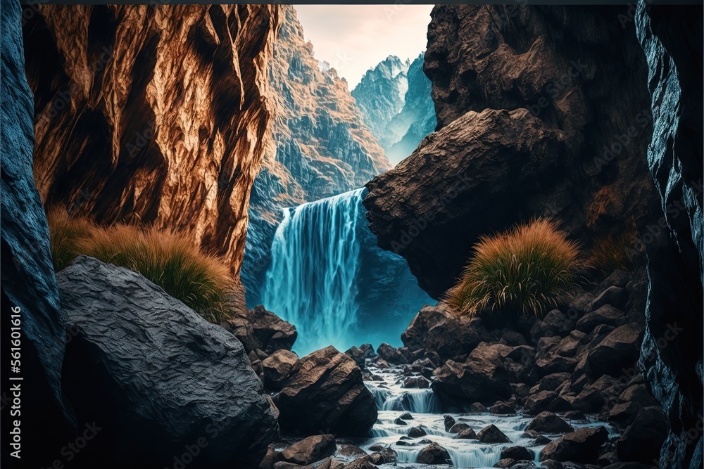 Poster a waterfall is seen from a cave in the mountains with rocks and grass on the ground and a stream run