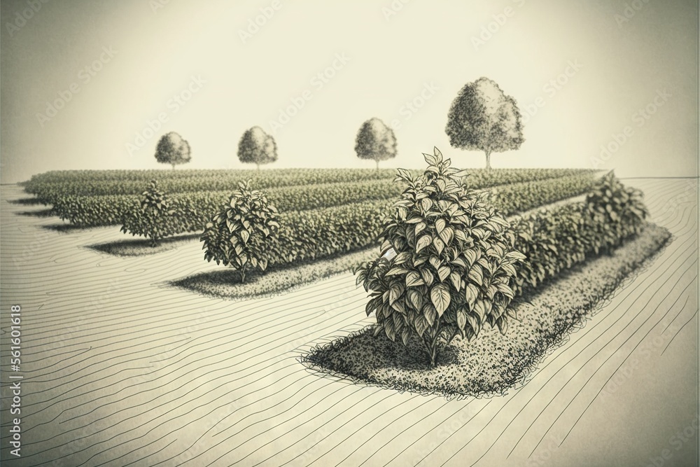 Poster a drawing of a row of trees in a field with a line of trees in the distance, with a sky background a