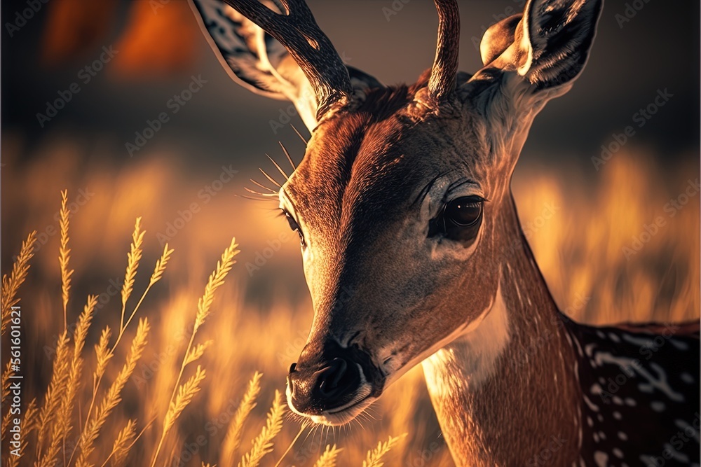 Poster a deer with antlers standing in a field of tall grass with a dark background and a yellow sky in the