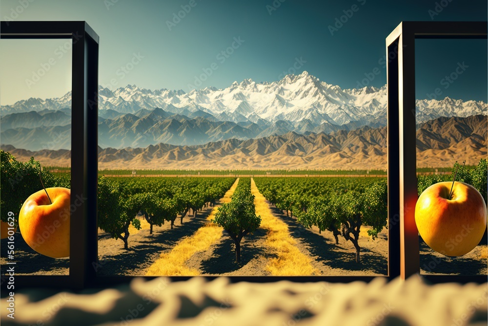 Poster a picture of an apple orchard with mountains in the background and a window opening to a view of the