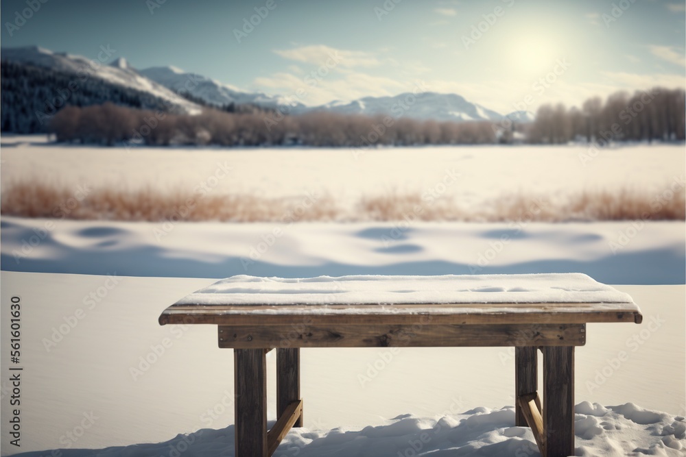 Poster a bench sitting in the snow in front of a field with mountains in the background and a sun shining o