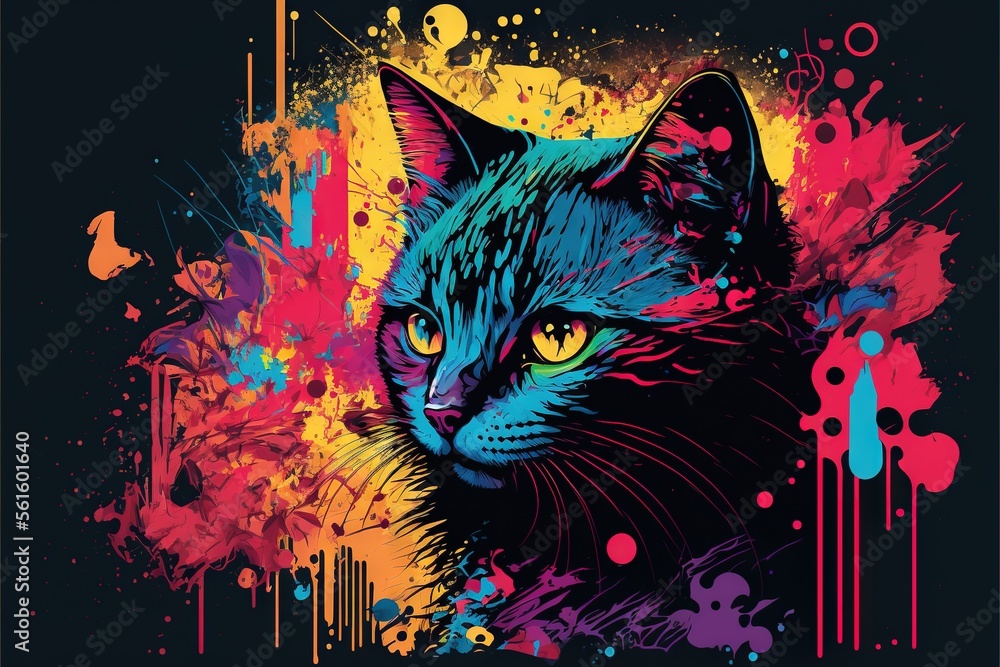Poster a cat with a colorful background and a black background with a splash of paint on it's face and a bl