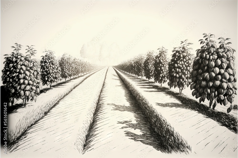 Poster a drawing of a row of trees in a field with snow on the ground and a line of trees in the distance w
