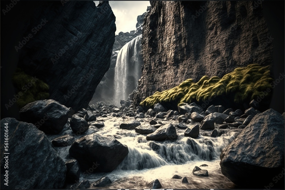 Poster a waterfall with moss growing on the rocks and water running down it's sides, with a dark sky in the