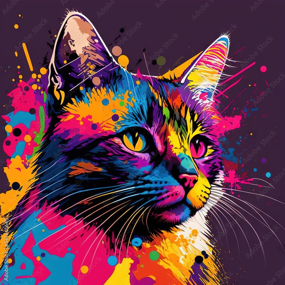 Poster a colorful cat with a black background and a purple background with a splash of paint on it's face a