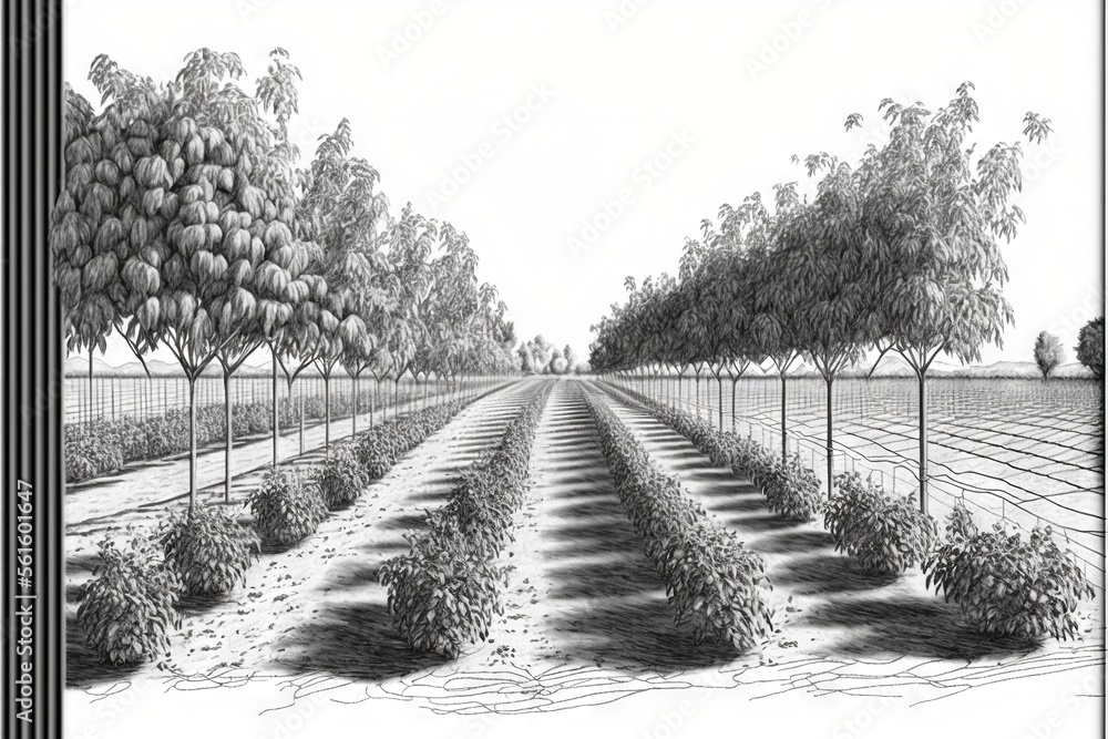 Poster a drawing of a row of trees in a field with a fence and a field of flowers in the background with a 