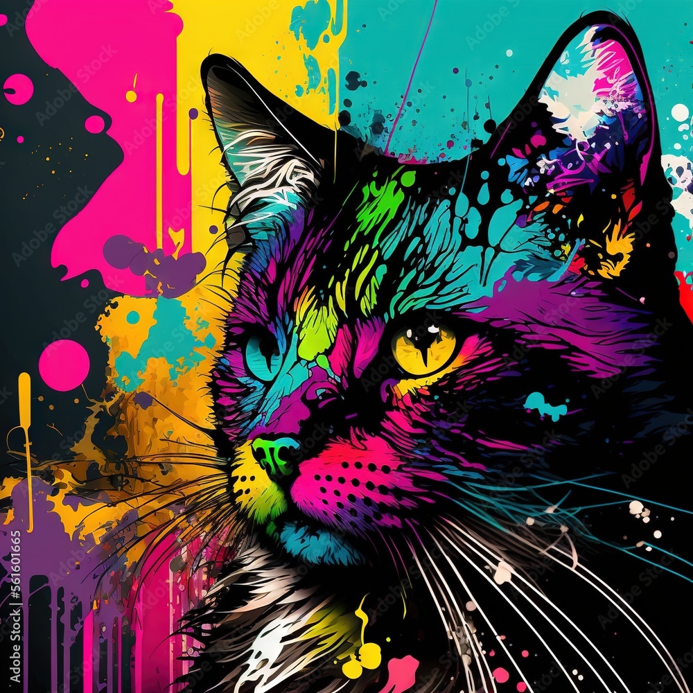 Poster a colorful cat with a black background and a splash of paint on it's face and chest, with a black ba