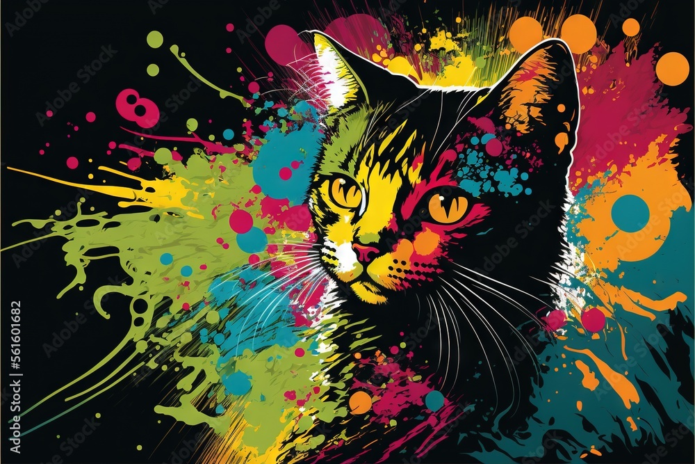 Poster a cat with a colorful background and a splash of paint on it's face is shown in this image of a cat'