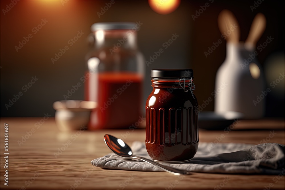 Poster a jar of sauce and a spoon on a table with a napkin and a bottle of sauce in the background with a s