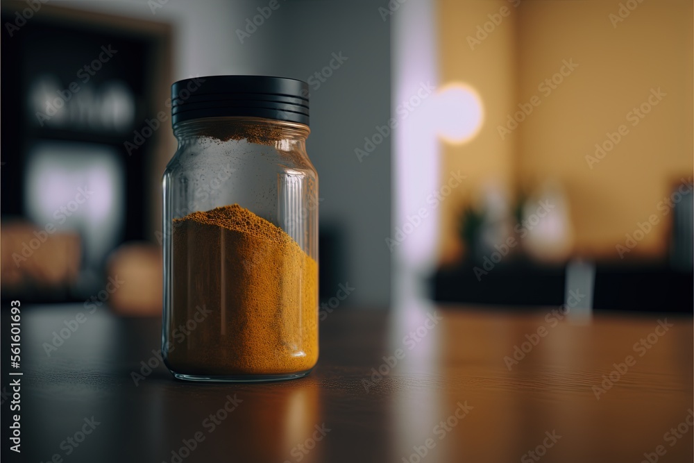 Poster a jar filled with a yellow substance on a table next to a couch and a window in the background with 