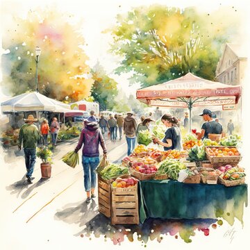  a watercolor painting of a farmers market with people shopping and selling produce on the street side of the market place with tents and umbrellas on the side of the street, and people.