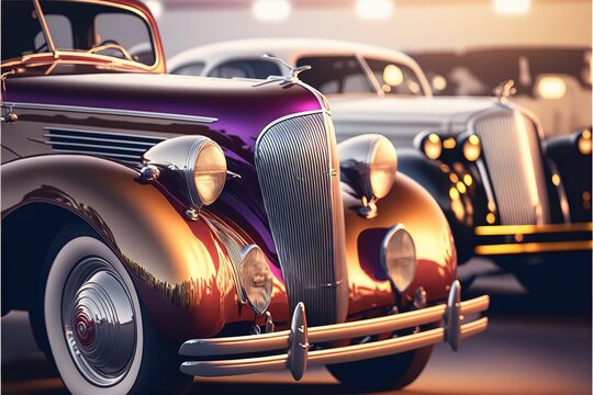  a row of old cars parked in a parking lot at night time, with lights on the cars and the front lights on the cars are shiny and shiny gold and purple and black,. Generative AI