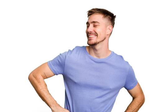 Young caucasian man cut out isolated confident keeping hands on hips.