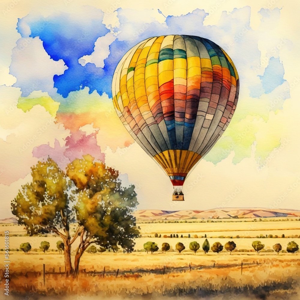 Poster a painting of a hot air balloon flying over a field with a tree and a field of grass and a cloudy sk