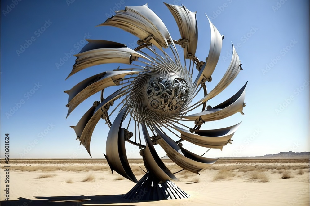 Poster a sculpture of a large metal object in the desert with a sky background and a few clouds in the sky 