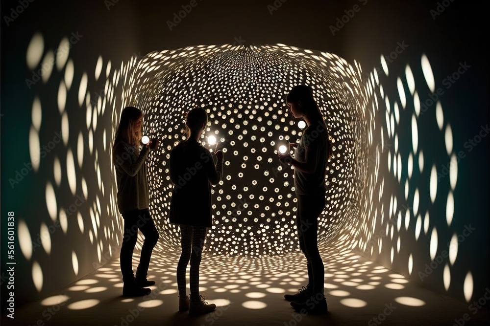 Poster three people standing in a room with a light shining on them and a wall of circles behind them that 