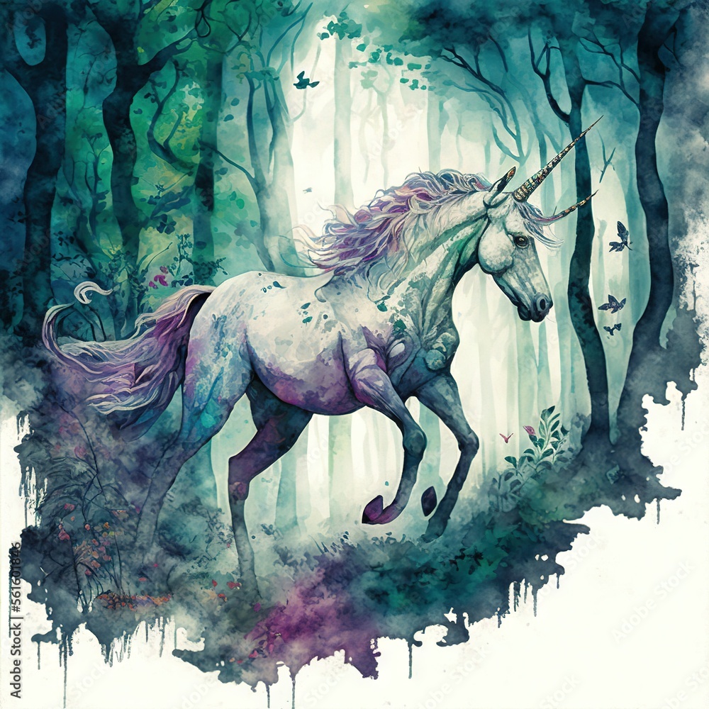 Poster a unicorn is running through the woods with a long horn in its's mane and a bird on its's back end, 