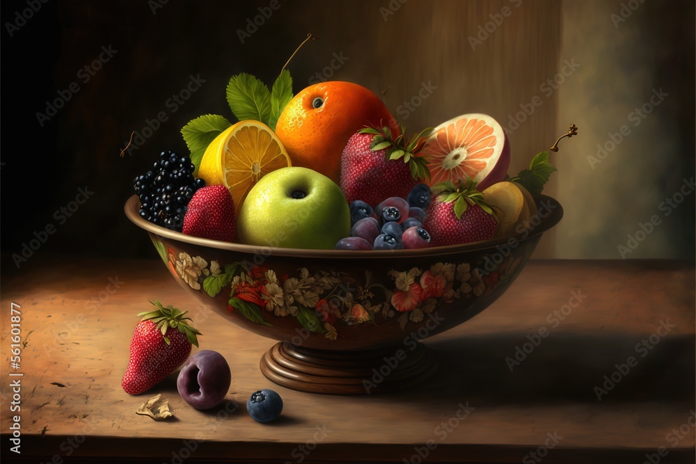 Poster a painting of a bowl of fruit on a table with a few berries and oranges in it and a few grapes and a