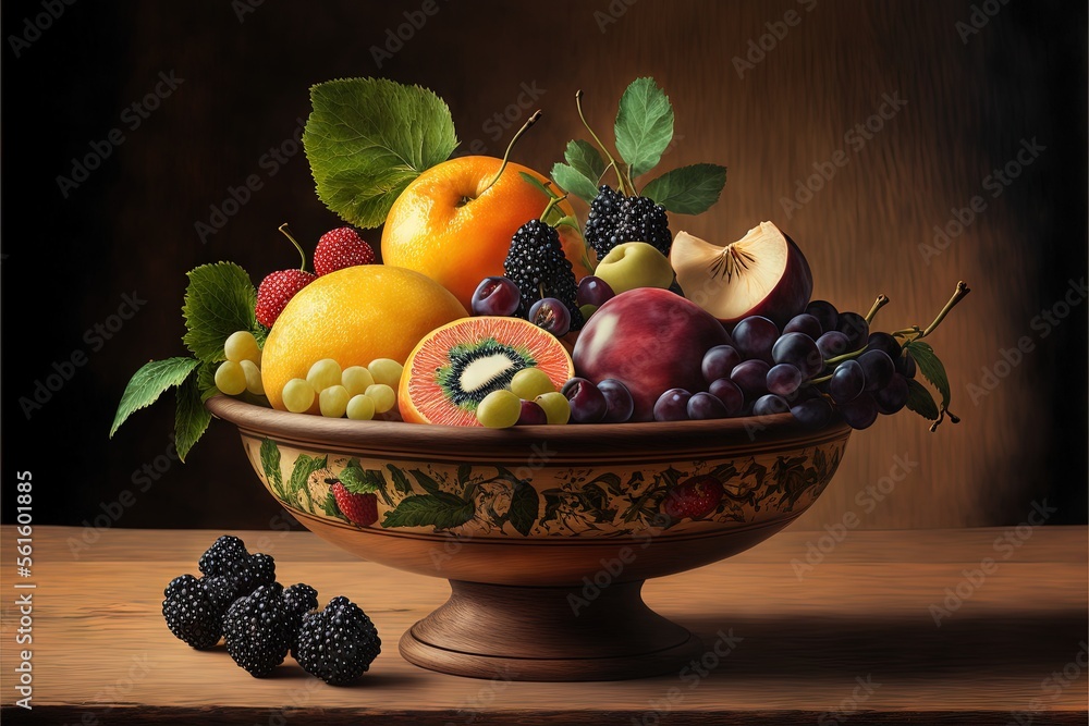 Poster a painting of a bowl of fruit on a table with a few pieces of fruit in it and a few pieces of fruit 