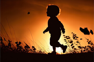 Kid silhouette Moments of the childs joy. On the Nature suns, generative ai