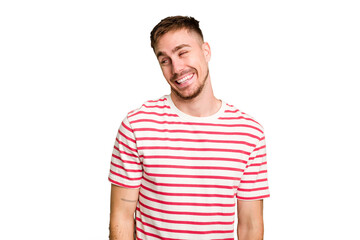 Obraz premium Young caucasian man cut out isolated laughs and closes eyes, feels relaxed and happy.