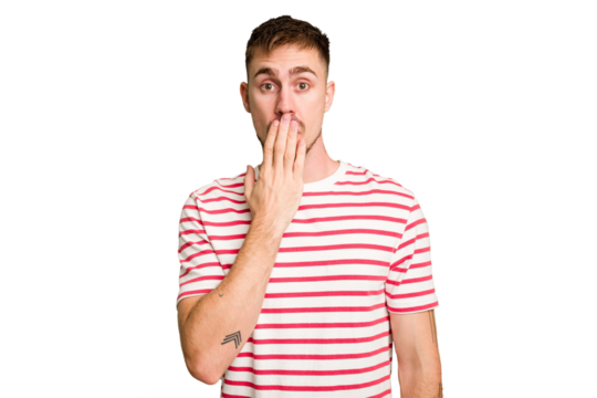 Young caucasian man cut out isolated shocked, covering mouth with hands, anxious to discover something new.