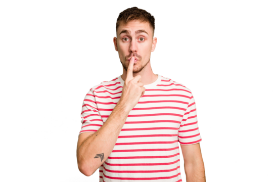 Young caucasian man cut out isolated thinking and looking up, being reflective, contemplating, having a fantasy.