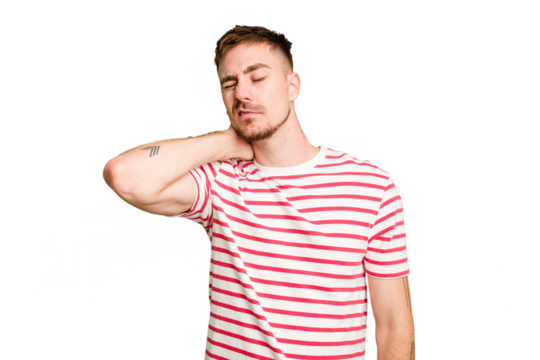 Young caucasian man cut out isolated having a neck pain due to stress, massaging and touching it with hand. - Powered by Adobe