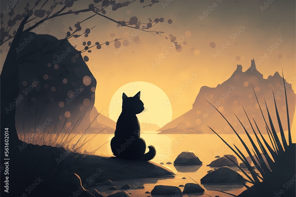 Poster a cat sitting on a rock looking out at the water at sunset with a mountain in the background and a b