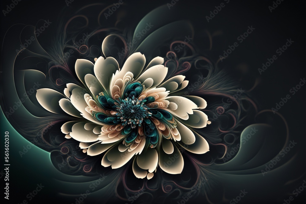 Poster a computer generated image of a flower with a black background and a green center with a blue center