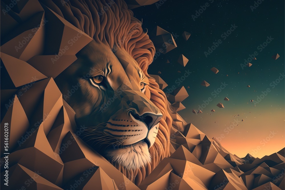 Poster a lion is shown in a low poly style with a sky background and a mountain range in the background wit