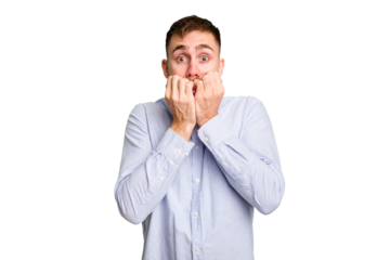 Young caucasian man cut out isolated biting fingernails, nervous and very anxious.