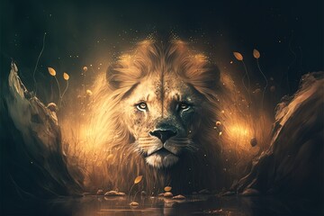  a lion is staring at the camera with a dark background and a yellow light shining on it's face and body, with a reflection of its eyes, in the water, and a dark background,. generative ai