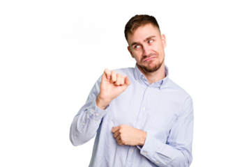 Young caucasian man cut out isolated confused, feels doubtful and unsure.