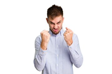 Young caucasian man cut out isolated upset screaming with tense hands.
