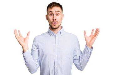 Fototapeta premium Young caucasian man cut out isolated doubting and shrugging shoulders in questioning gesture.